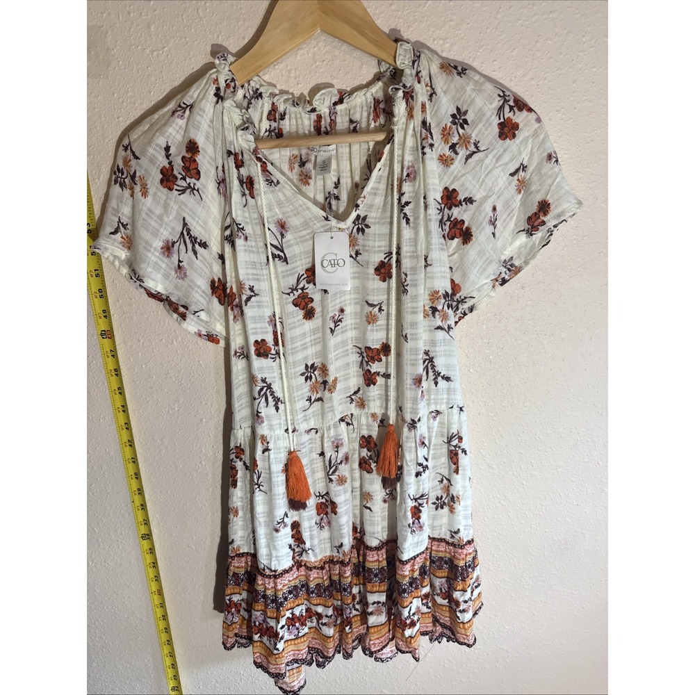 Cato NWT Boho Ivory Garden Floral Flutter Sleeve w/Tassles Knee Length Dress